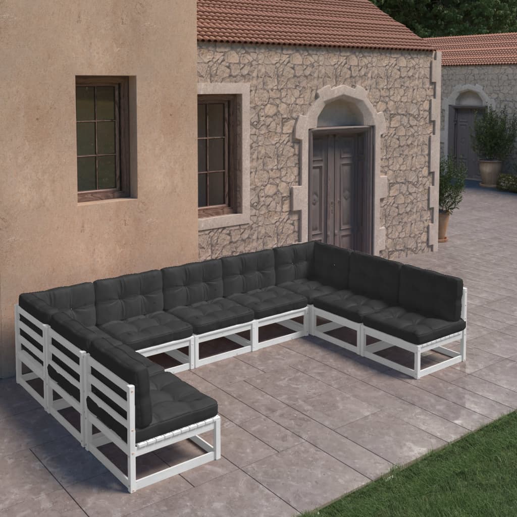 9-tlg. Garten-Lounge-Set mit Kissen Weiss Kiefer Massivholz
